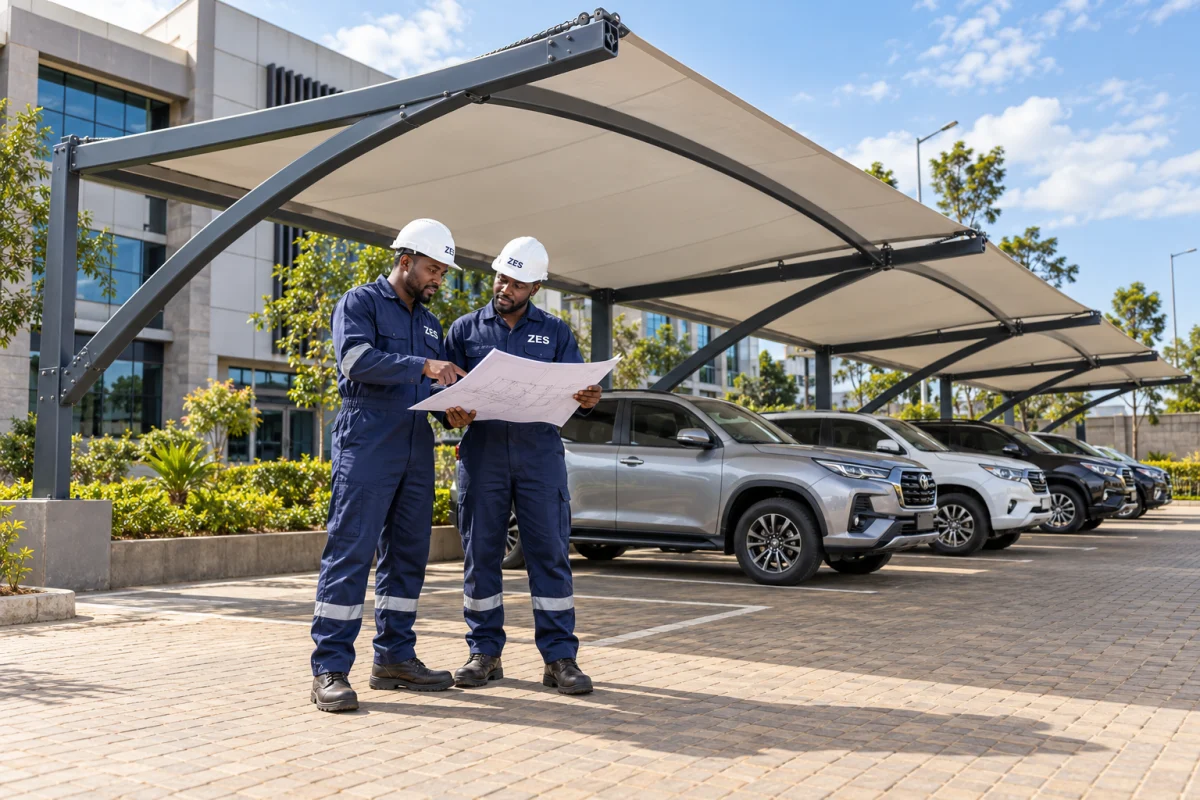 Proposed project illustration: Commercial car shades & industrial metalwork, with technicians wearing ZES overalls