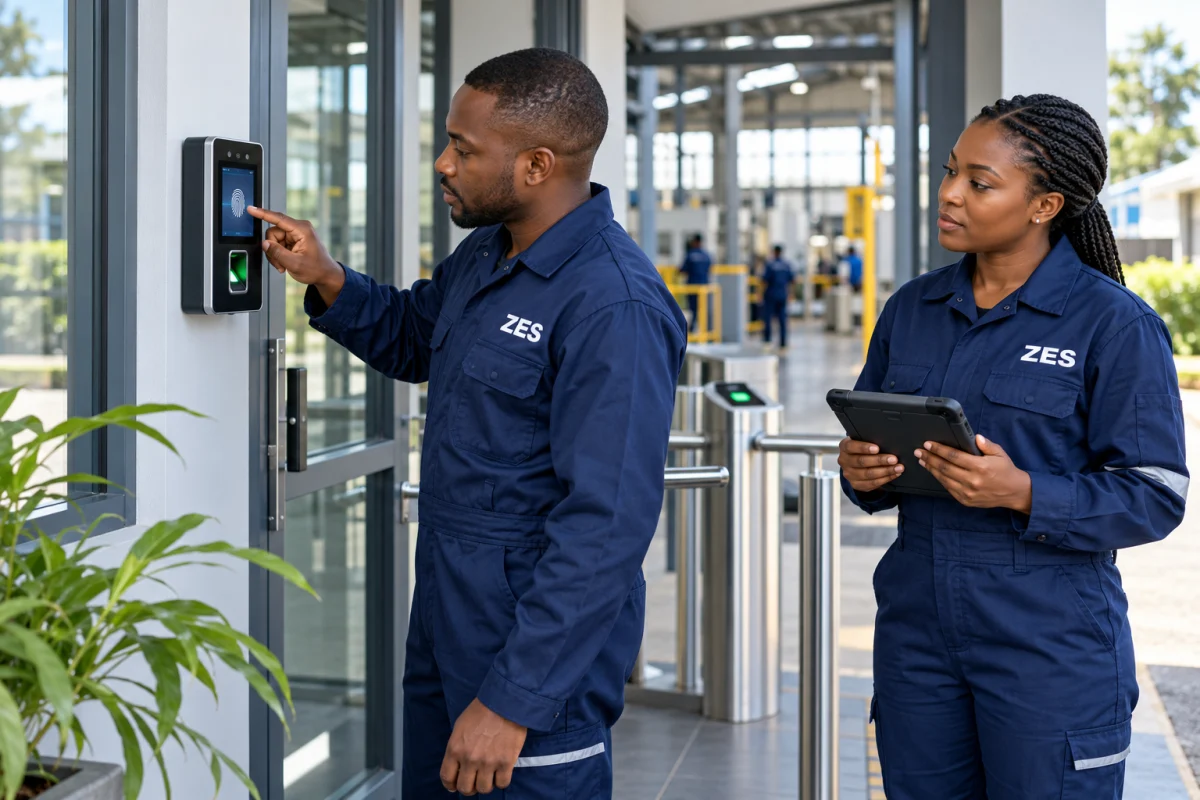 Proposed project illustration: Factory biometric attendance & shift reporting, with technicians wearing ZES overalls