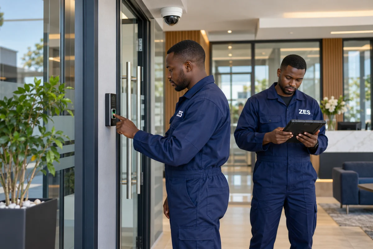 Proposed project illustration: Office CCTV & access control, with technicians wearing ZES overalls