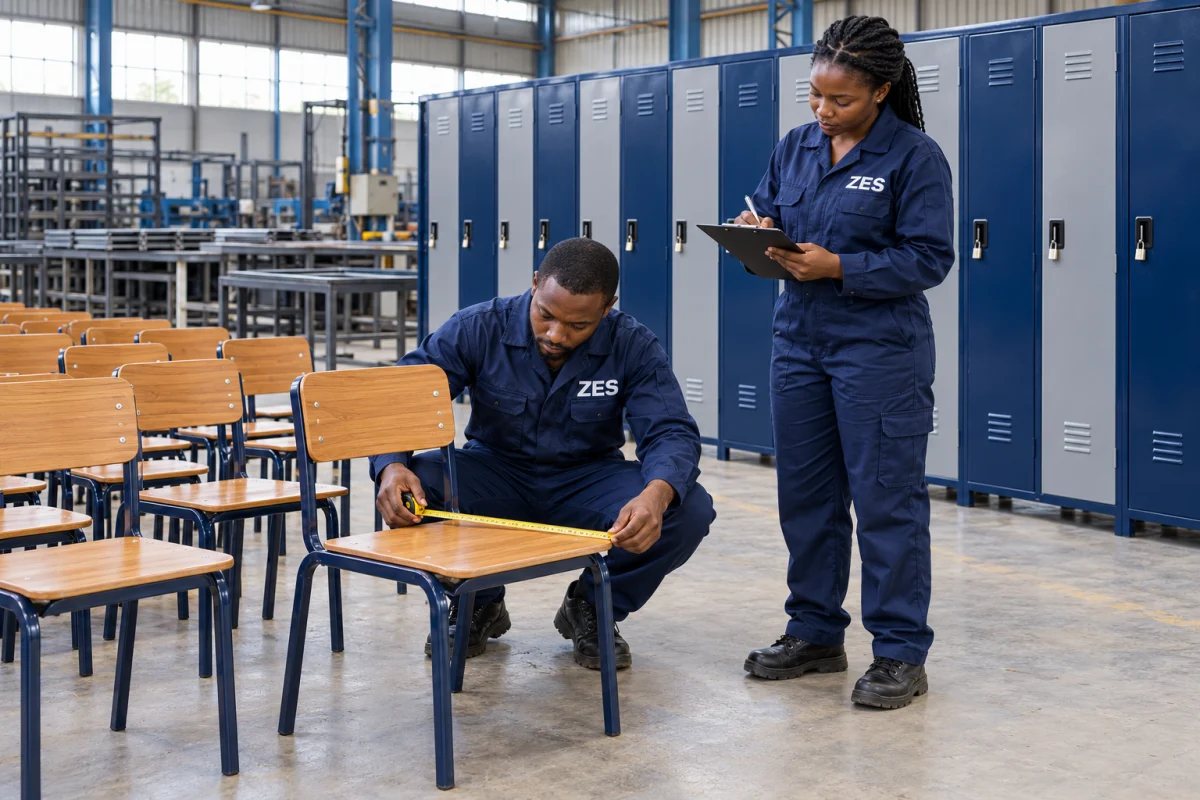 Proposed project illustration: School lockers, chairs & steel fabrication, with technicians wearing ZES overalls