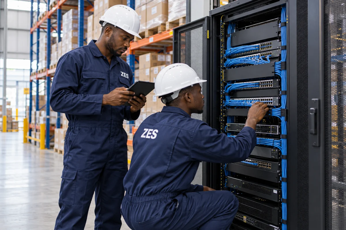 Proposed project illustration: Warehouse networking & security, with technicians wearing ZES overalls