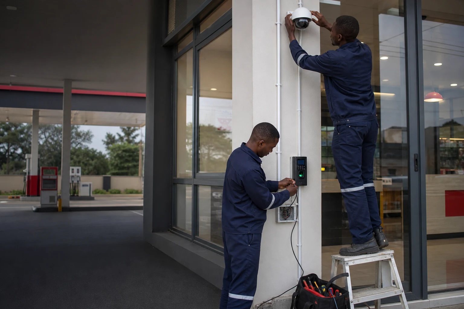 Access-control reader installed beside a secure commercial doorway