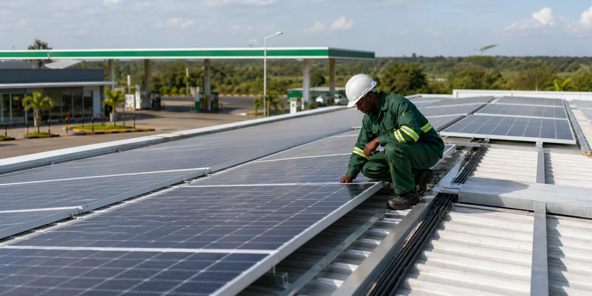 Technician working on a commercial rooftop solar panel installation