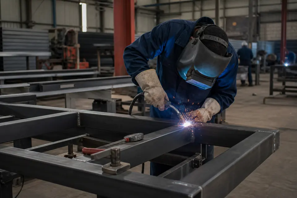 Welder fabricating metal components for a commercial project
