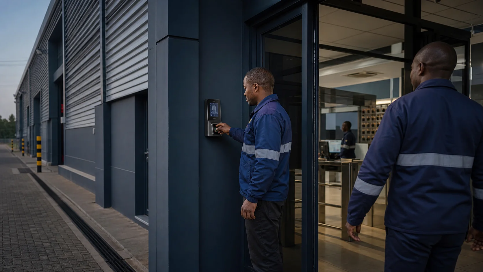 Employee using a biometric attendance terminal in a modern Kenyan workplace