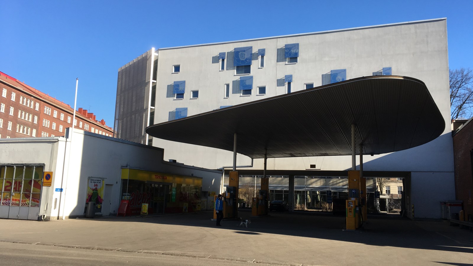 Architectural view of a completed petrol station canopy