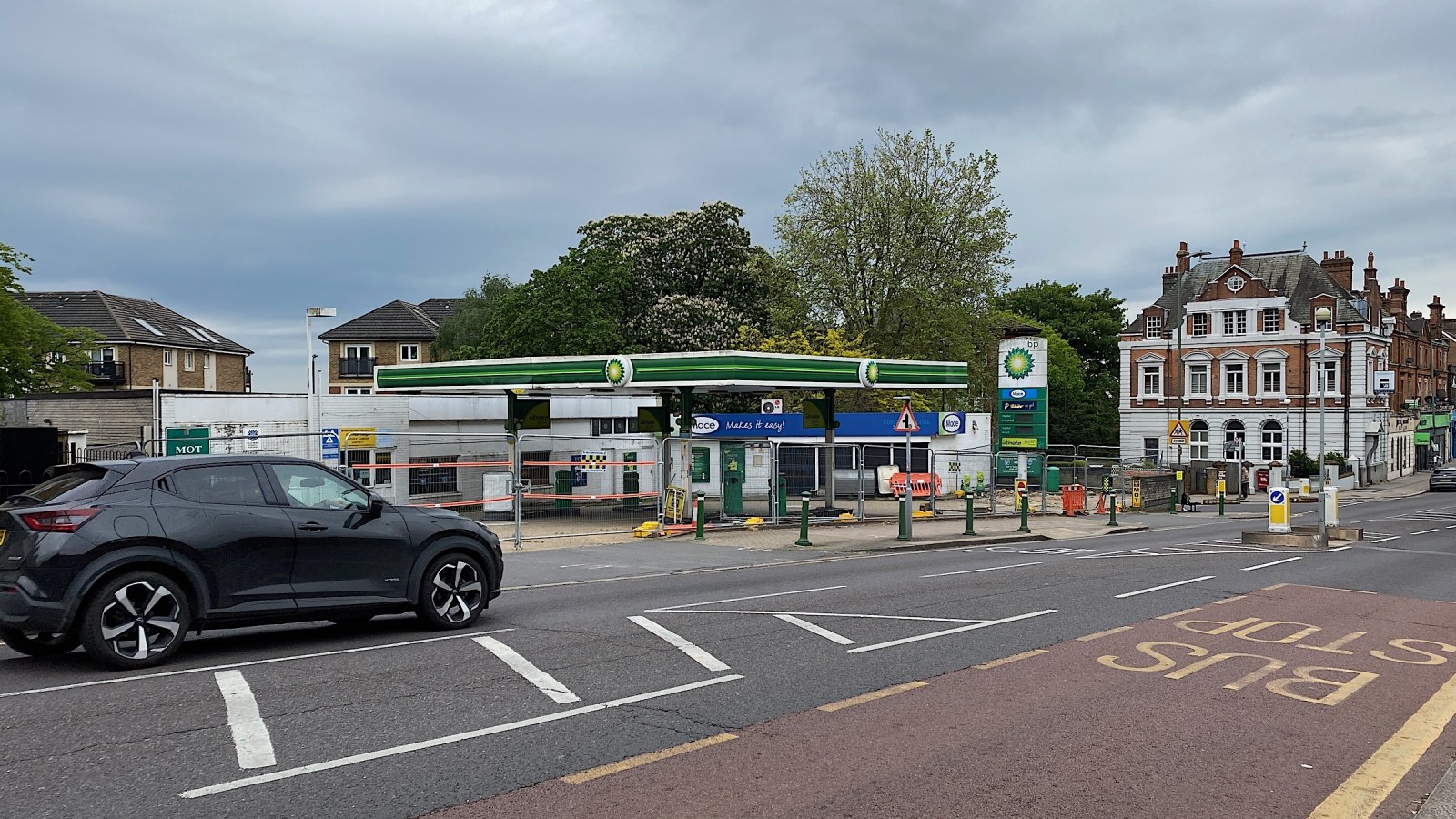 Petrol station canopy and forecourt during refurbishment