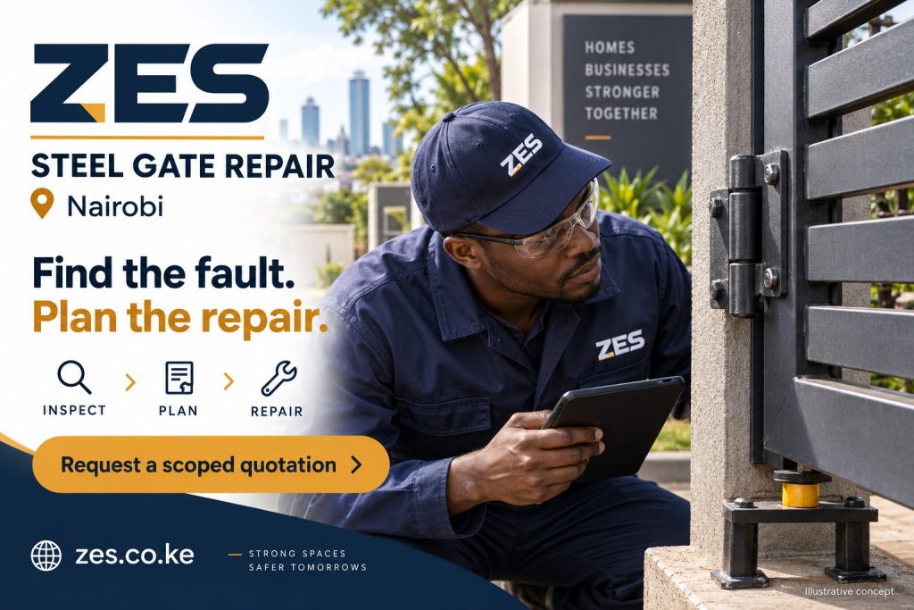 Steel gate repair Nairobi — ZES illustrative service flyer