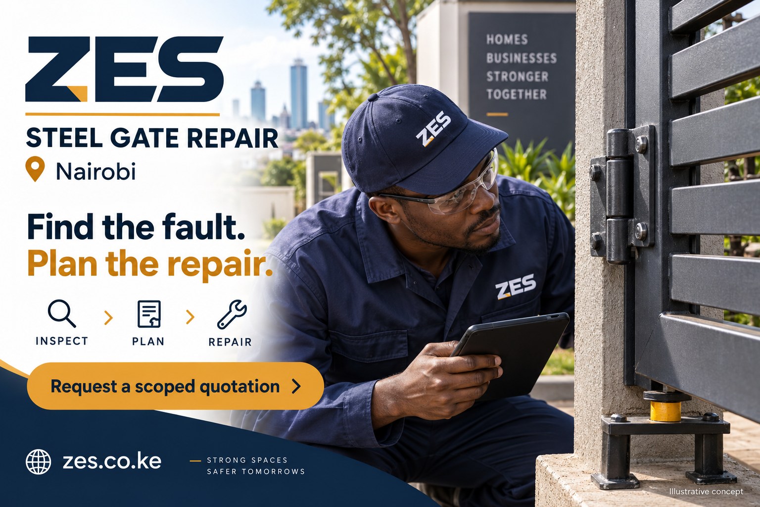 Steel gate repair Nairobi — ZES service flyer