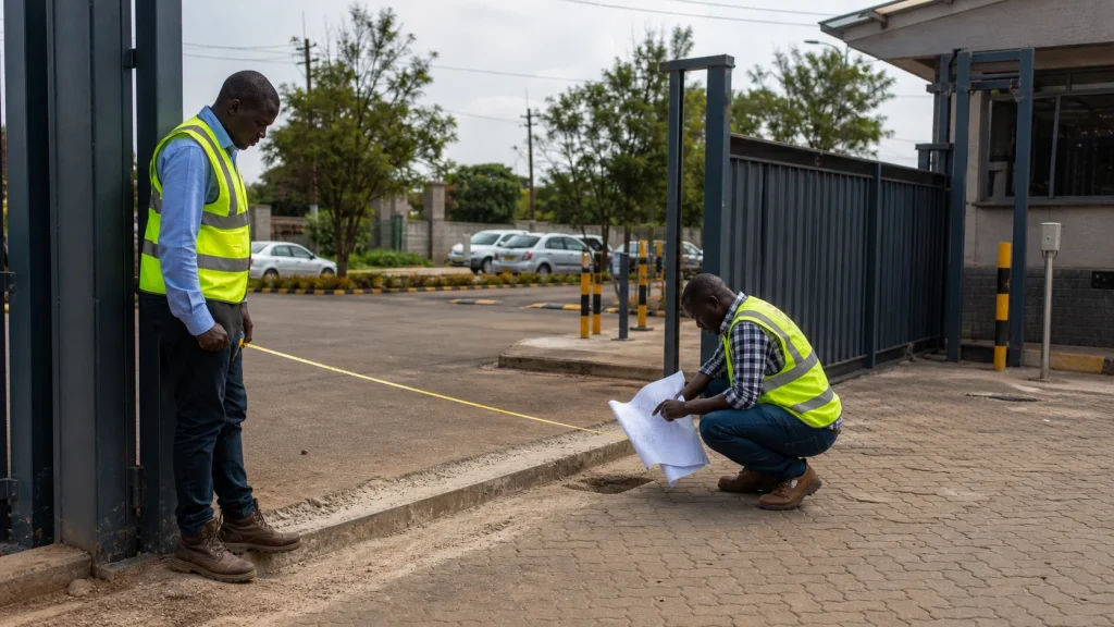 Commercial gate fabrication briefing at a Kenya business entrance