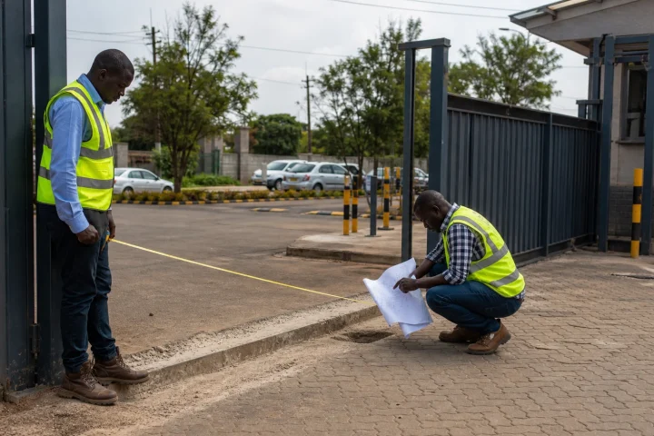 Commercial gate fabrication briefing at a Kenya business entrance