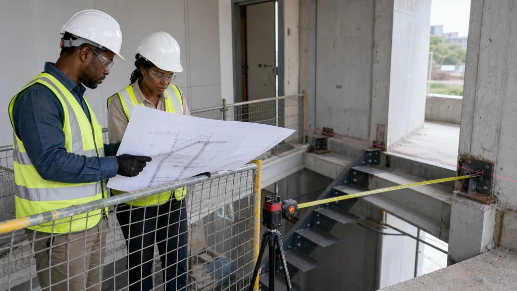 Commercial staircase fabrication briefing at a Kenya building project