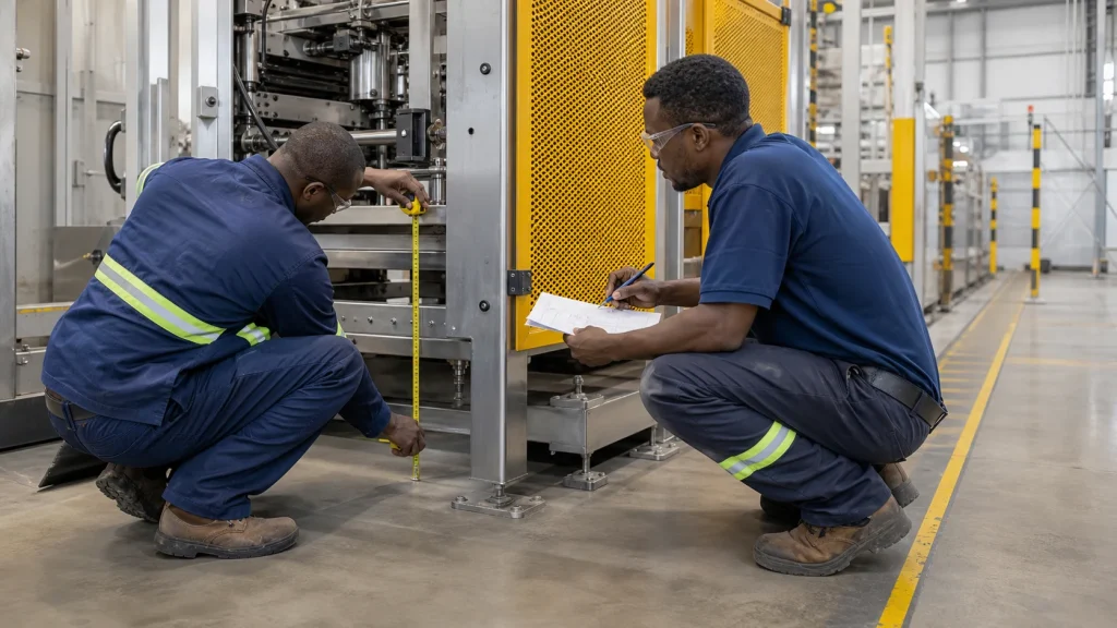 Industrial team briefing a metal fabrication company in Kenya at an equipment interface