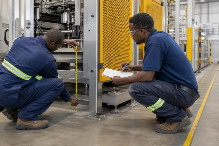 Industrial team briefing a metal fabrication company in Kenya at an equipment interface