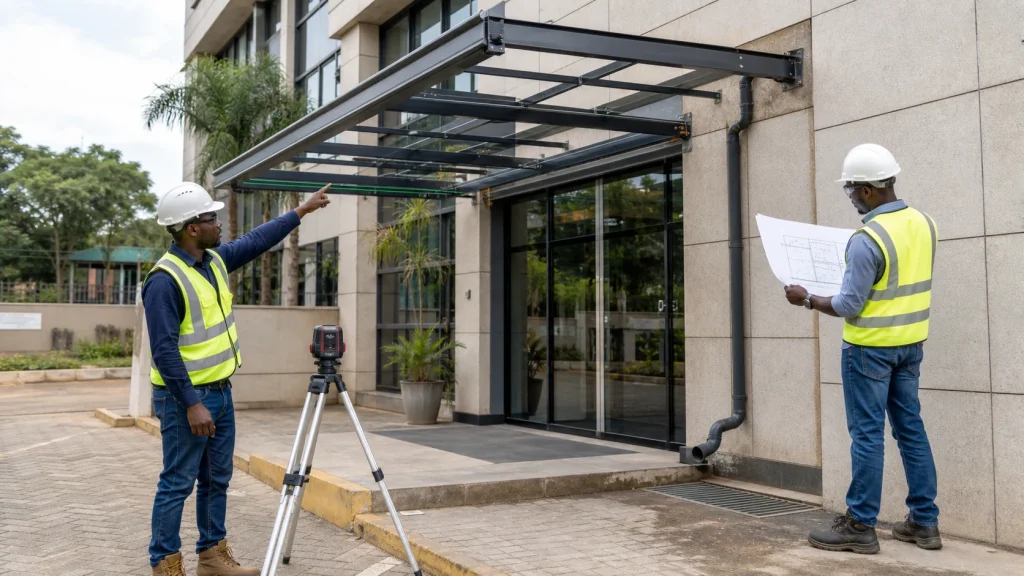 Drainage and building-interface planning for metal canopy fabrication in Nairobi