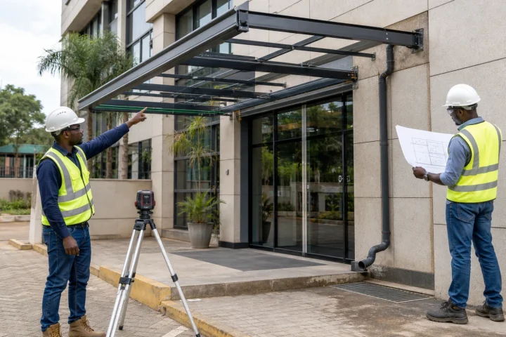 Drainage and building-interface planning for metal canopy fabrication in Nairobi