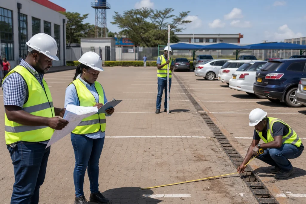 Facilities team planning solar carport installation in Kenya