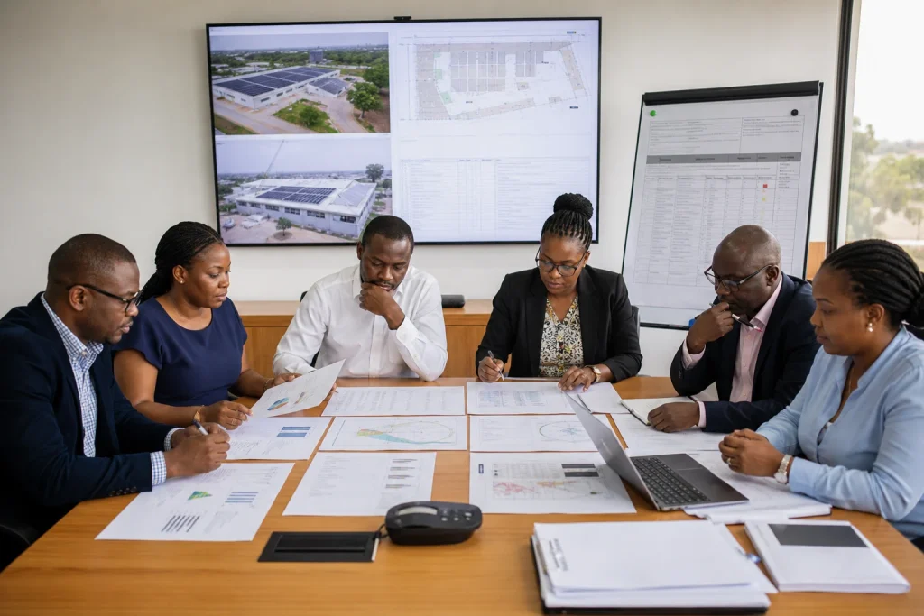 Business procurement team evaluating a solar installer for a Kenya project
