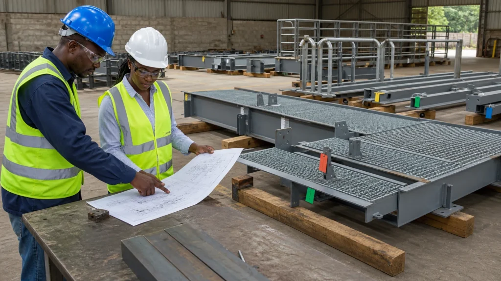 Team comparing a steel fabrication contractor scope schedule in Kenya