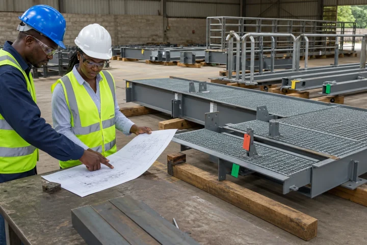 Team comparing a steel fabrication contractor scope schedule in Kenya