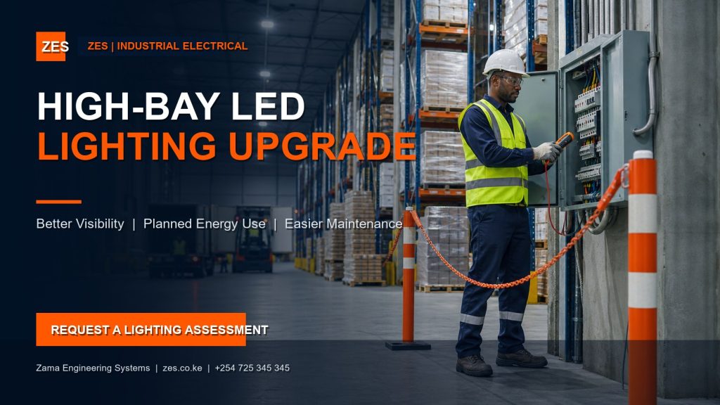 Warehouse high-bay LED lighting upgrade by Zama Engineering Systems