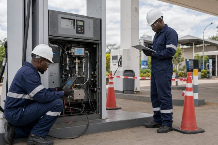 Technicians assessing an isolated fuel dispenser at a Kenyan forecourt