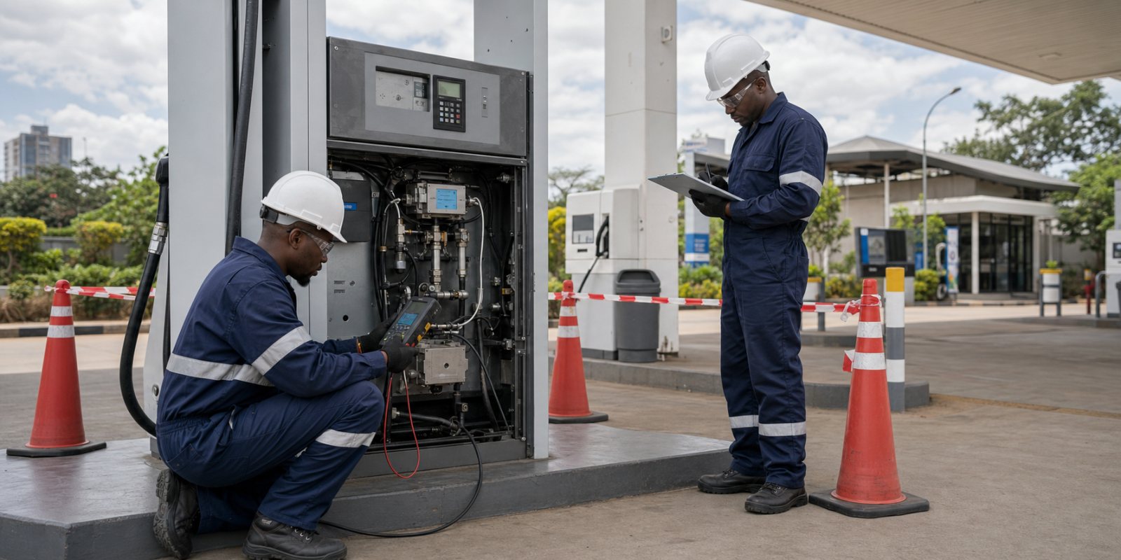 Technicians assessing an isolated fuel dispenser at a Kenyan forecourt