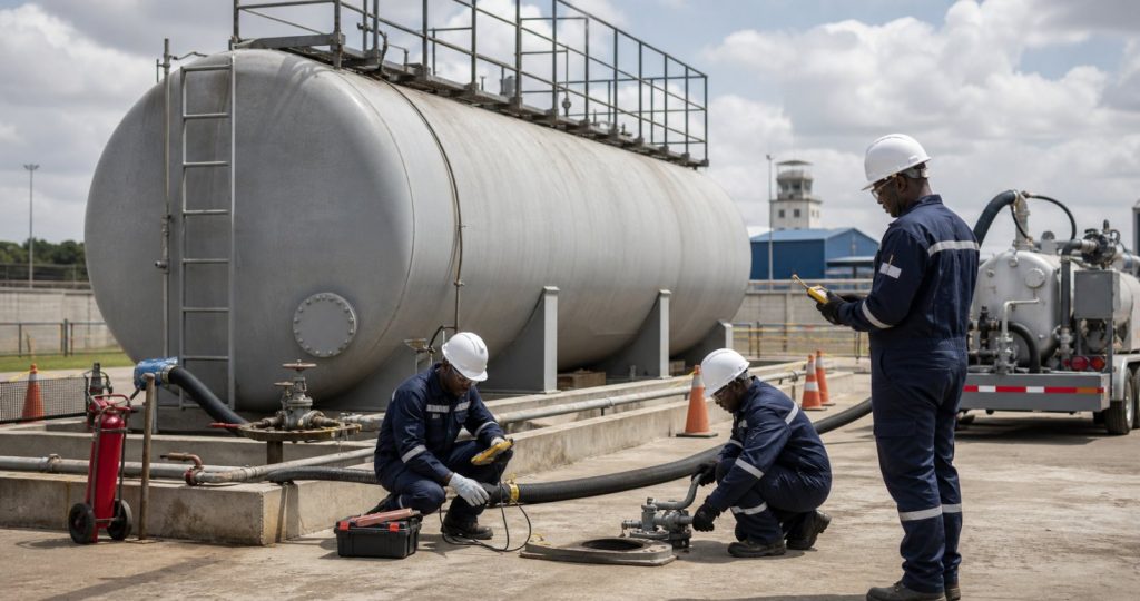 Kenyan industrial technicians preparing a petroleum fuel tank for controlled cleaning