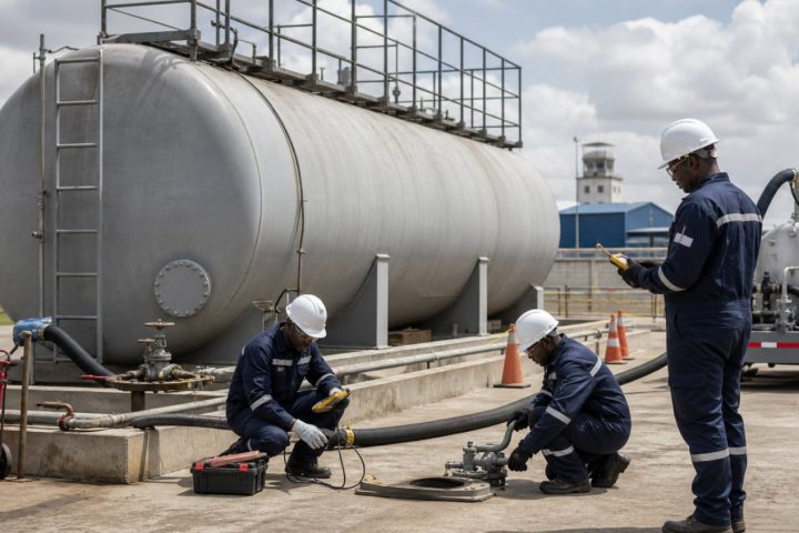 Kenyan industrial technicians preparing a petroleum fuel tank for controlled cleaning