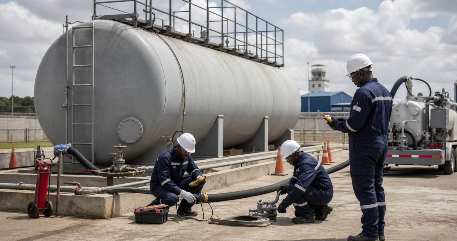 Kenyan industrial technicians preparing a petroleum fuel tank for controlled cleaning