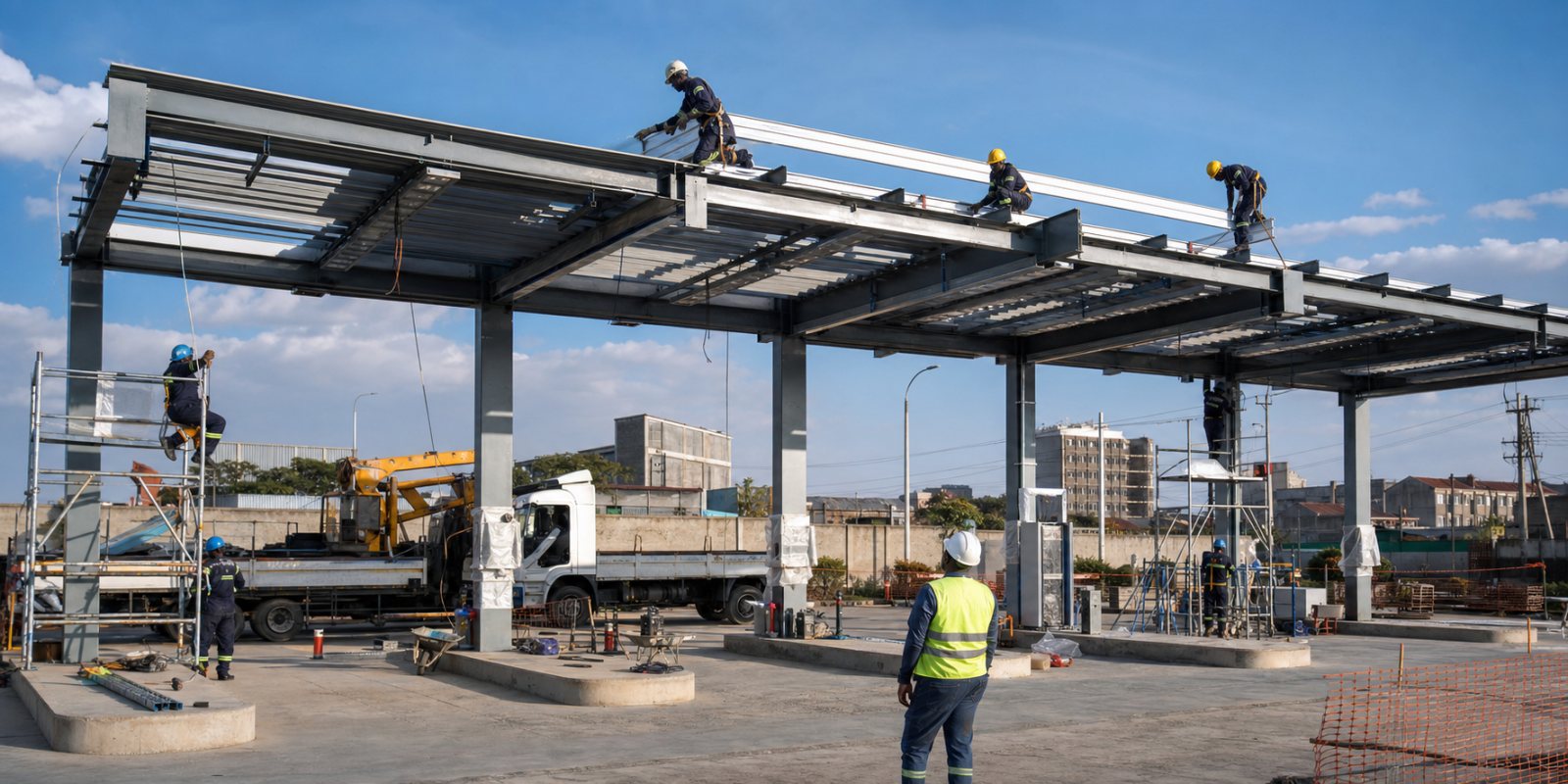 Professional petrol station canopy construction by a Kenyan engineering team
