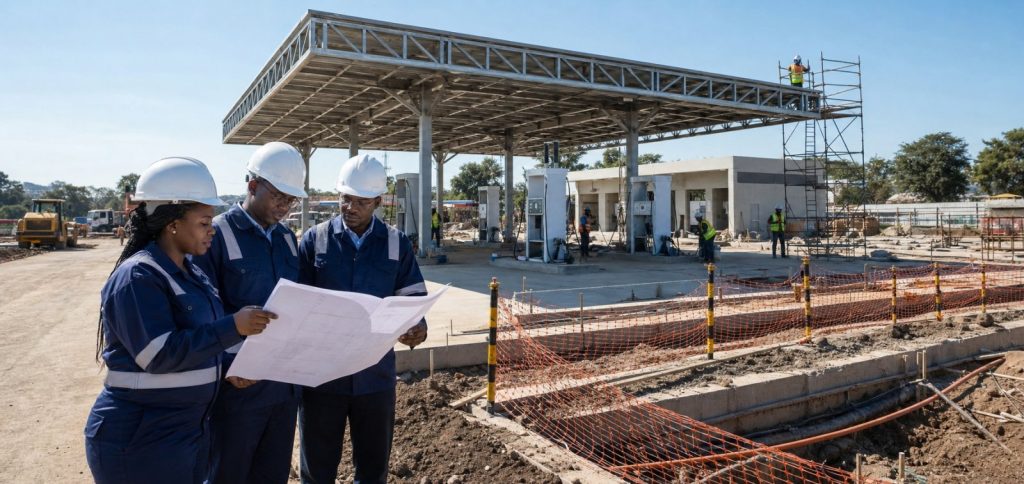Kenyan engineers reviewing a petrol station construction project and budget scope