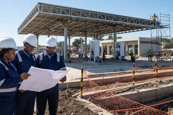 Kenyan engineers reviewing a petrol station construction project and budget scope