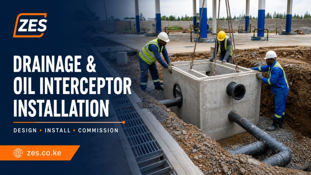 Petrol station drainage and oil interceptor installation Kenya with channels and treatment chambers