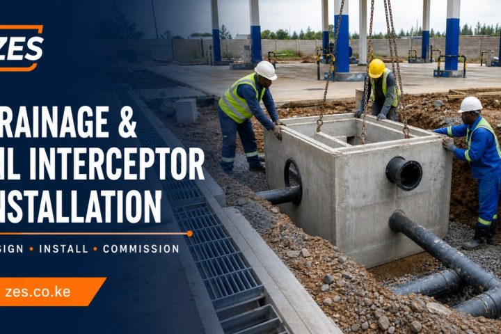 Petrol station drainage and oil interceptor installation Kenya with channels and treatment chambers