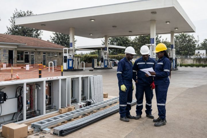 Kenyan engineers planning a controlled petrol station renovation and technology upgrade