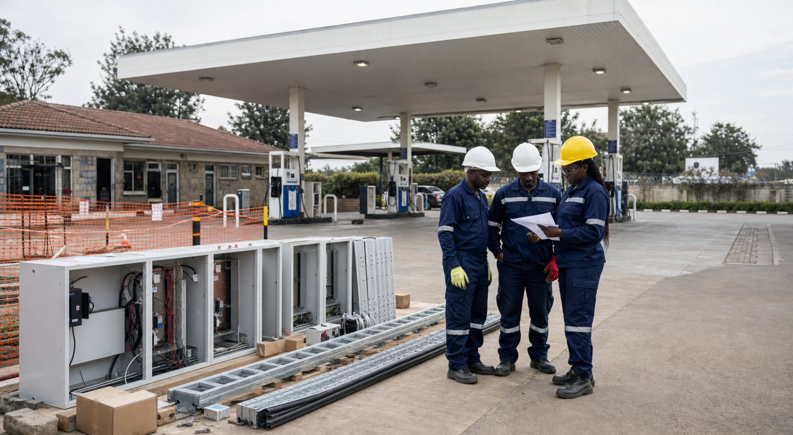 Kenyan engineers planning a controlled petrol station renovation and technology upgrade