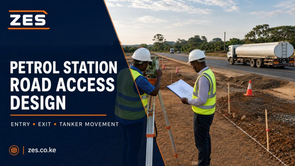 Petrol station road access design Kenya engineer checking tanker swept paths and entry-exit geometry