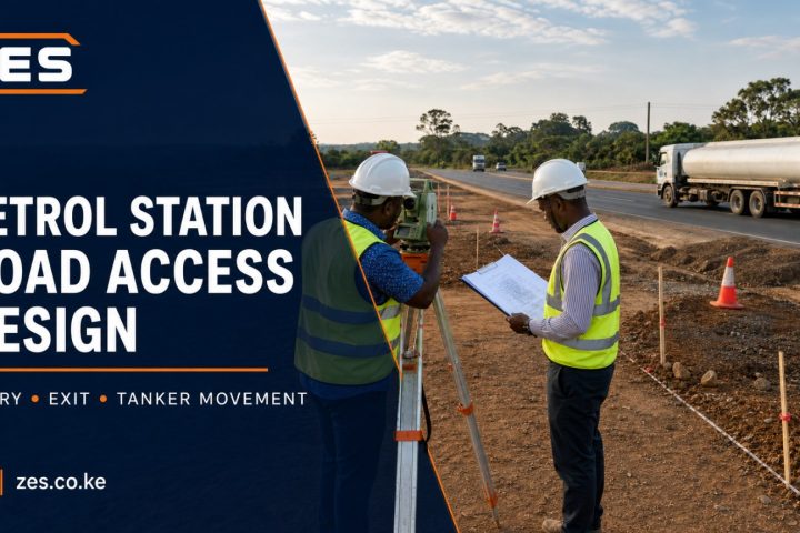 Petrol station road access design Kenya engineer checking tanker swept paths and entry-exit geometry
