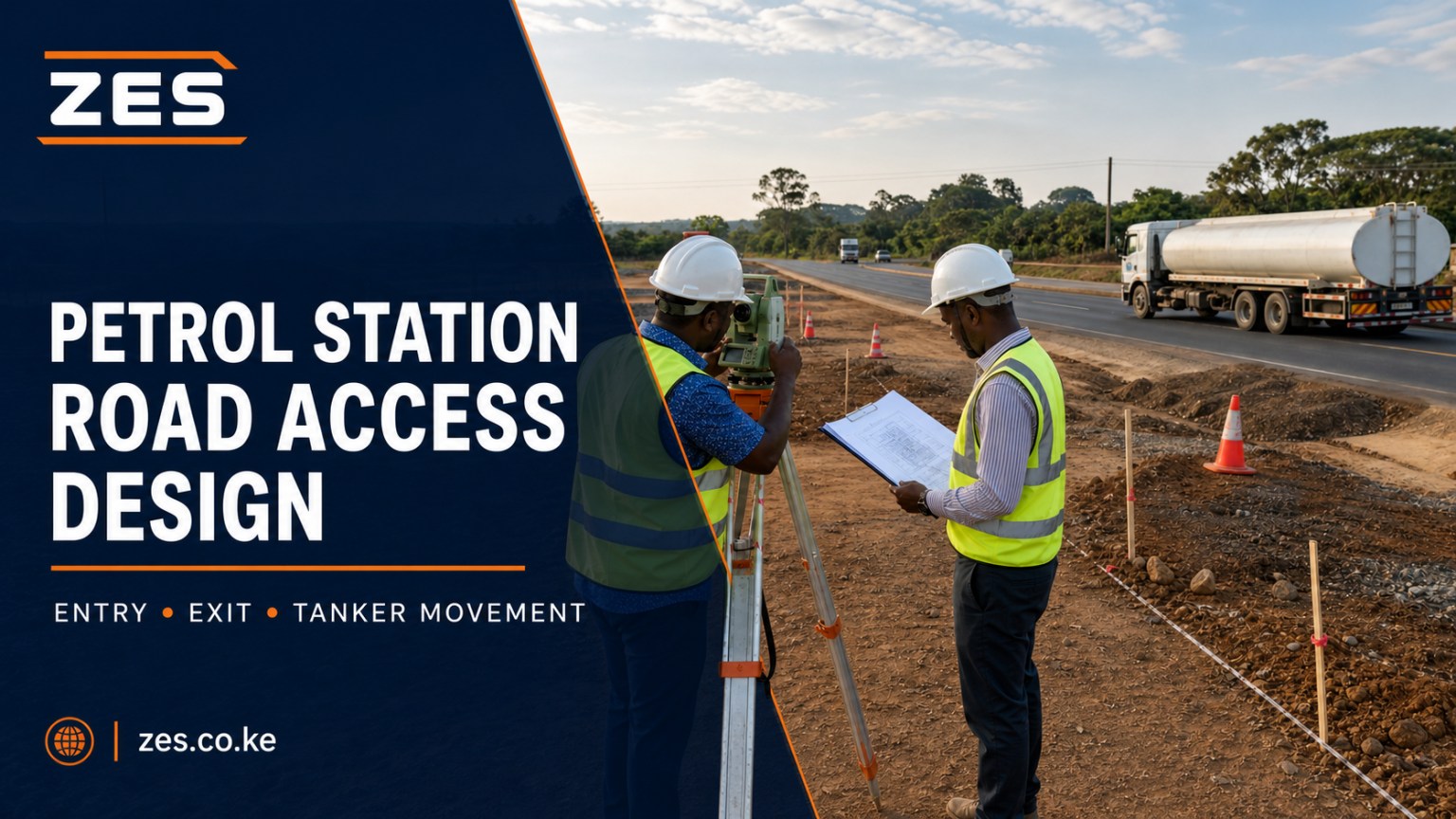 Petrol station road access design Kenya engineer checking tanker swept paths and entry-exit geometry
