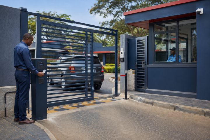 Vehicle gate integrated with card reader intercom camera and guard station in Kenya
