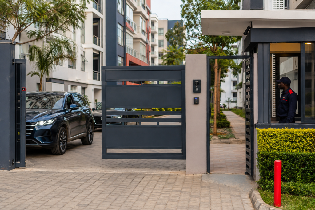 Automated apartment entrance with vehicle gate intercom and pedestrian access in Kenya