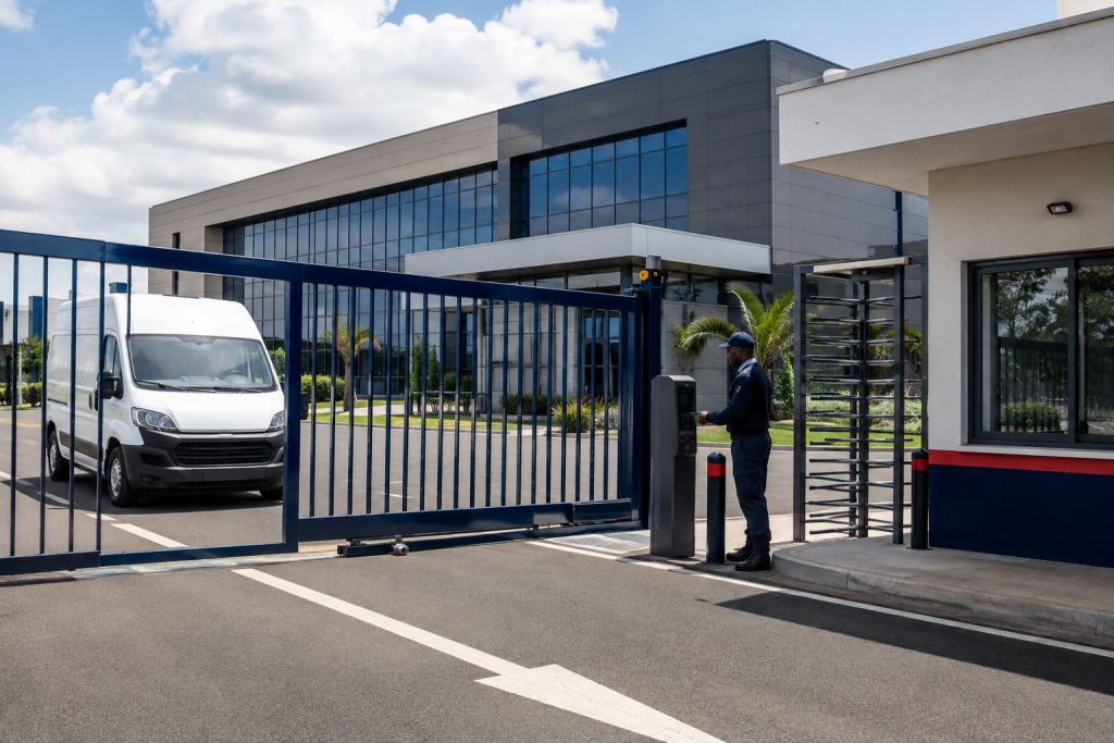 Automated commercial facility gate with access pedestal and separate pedestrian route in Kenya