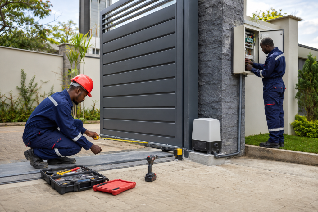 Professional technicians measuring and commissioning an automatic gate in Kenya