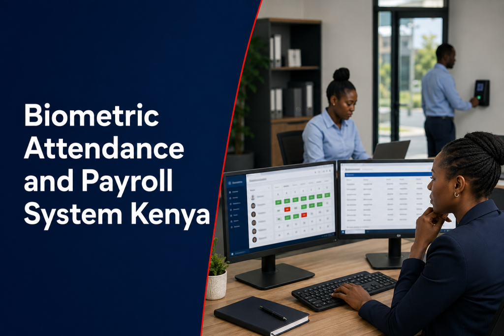 Biometric Attendance and Payroll System Kenya flyer showing HR reviewing attendance and payroll records