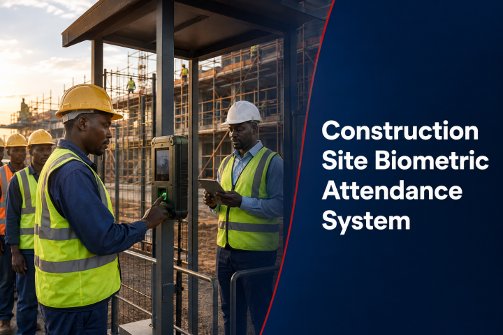 Construction Site Biometric Attendance System flyer with workers clocking in at a protected site entrance