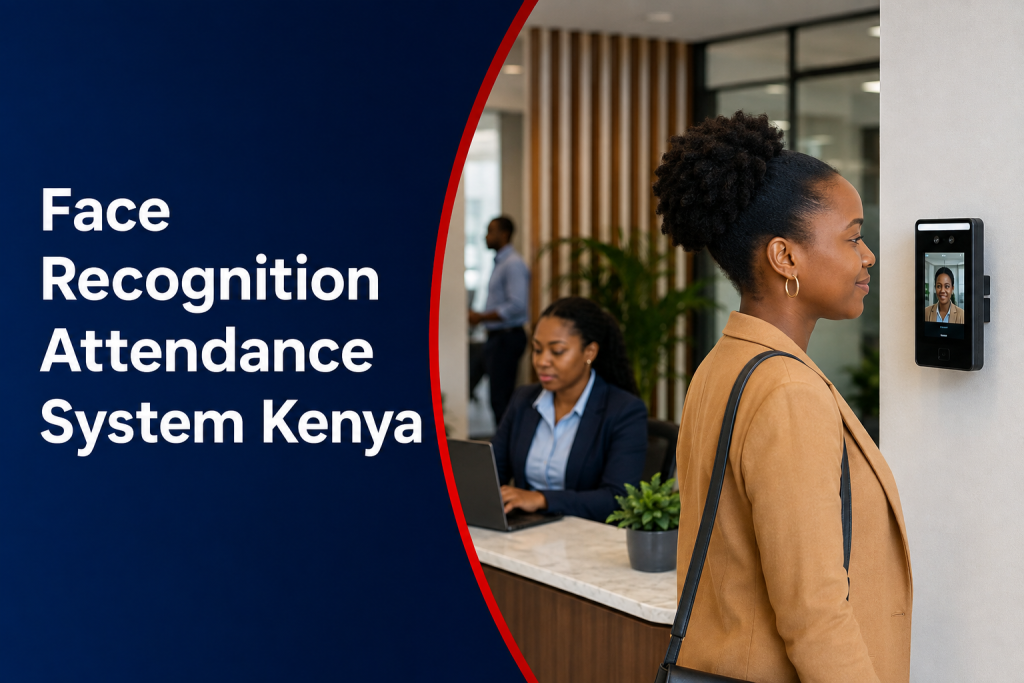 Face Recognition Attendance System Kenya flyer showing contactless staff clock-in at an office