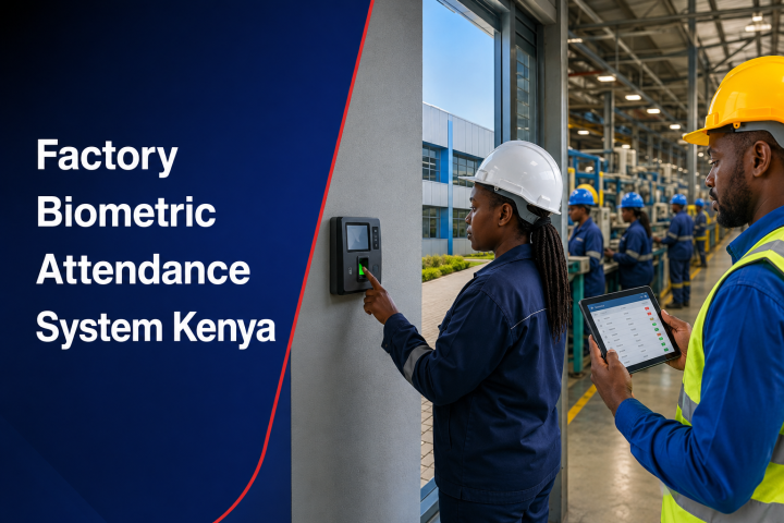 Factory Biometric Attendance System Kenya flyer showing workers clocking in at a modern plant