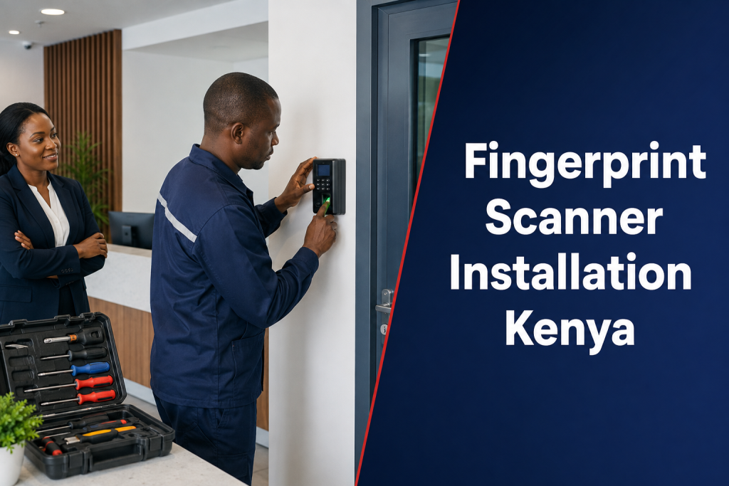 Fingerprint Scanner Installation Kenya flyer with a technician commissioning a wall-mounted reader