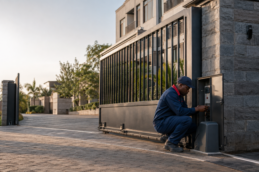Kenyan technician inspecting an automated sliding gate at a modern property